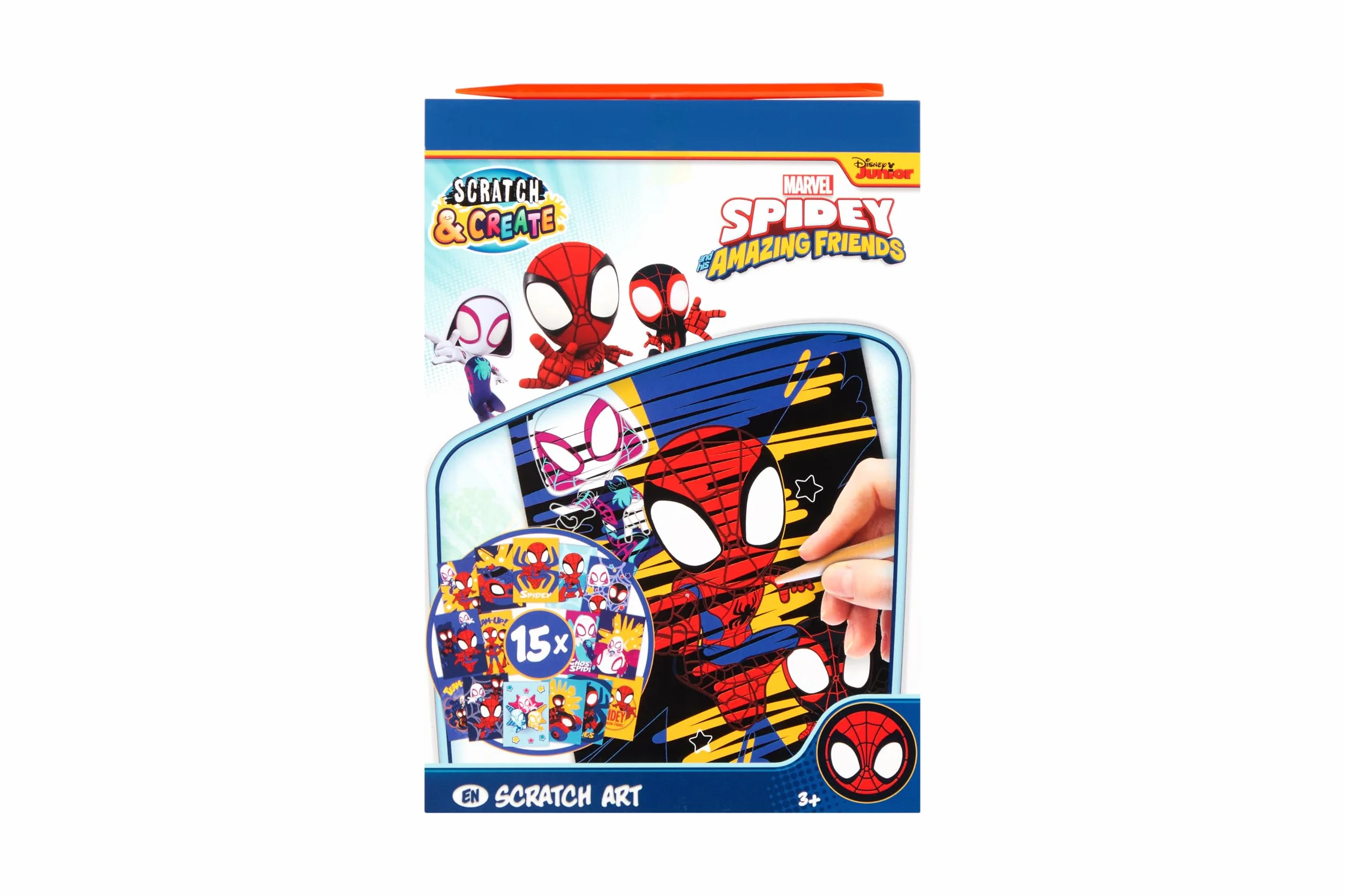 Disney Store Marvel Spidey książka do zdrapywania książka A5 dla dzieci | Scratch Art książka do majsterkowania z 15 motywami w formacie A5 | w zestawie drewniany pisak do zdrapywania | efekt tęczy |