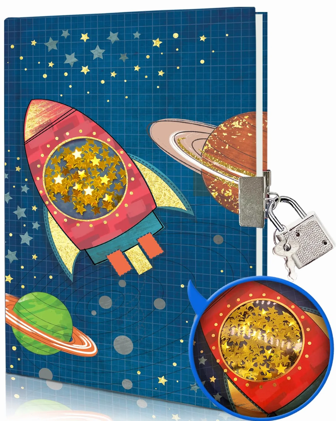 Pamiętnik z Kłódką dla Chłopców, Rakieta z Ruchomym Brokatem Notatnik dla Dzieci Sekretny Dziennik 80 Kartek 17.5x14 cm Prezent dla Chłopca