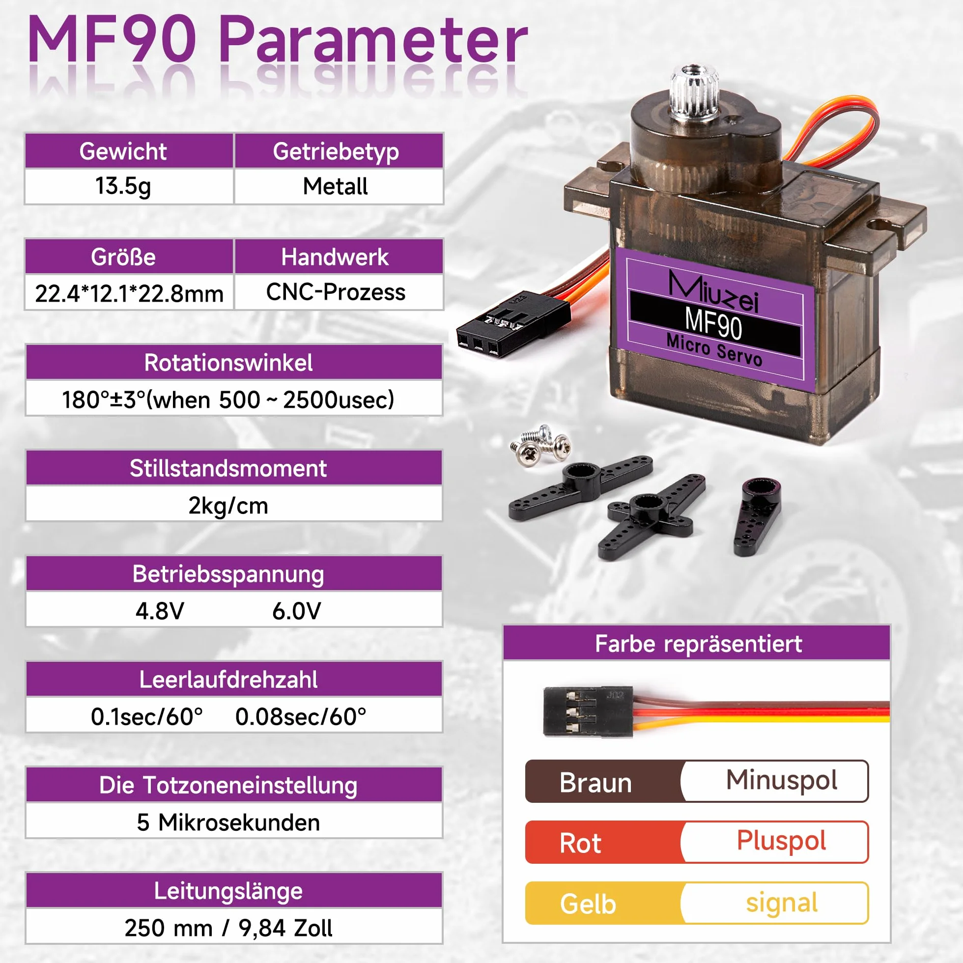 Miuzei Mini Serwo Motor Modelarski Sterownik z metalowym przekładnikiem Serwomotor do sterowania zdalnego służącego do śmigłowców, wodolotu, samochodu 1/10 1/8, robotów, samolotów o stałych skrzydłach