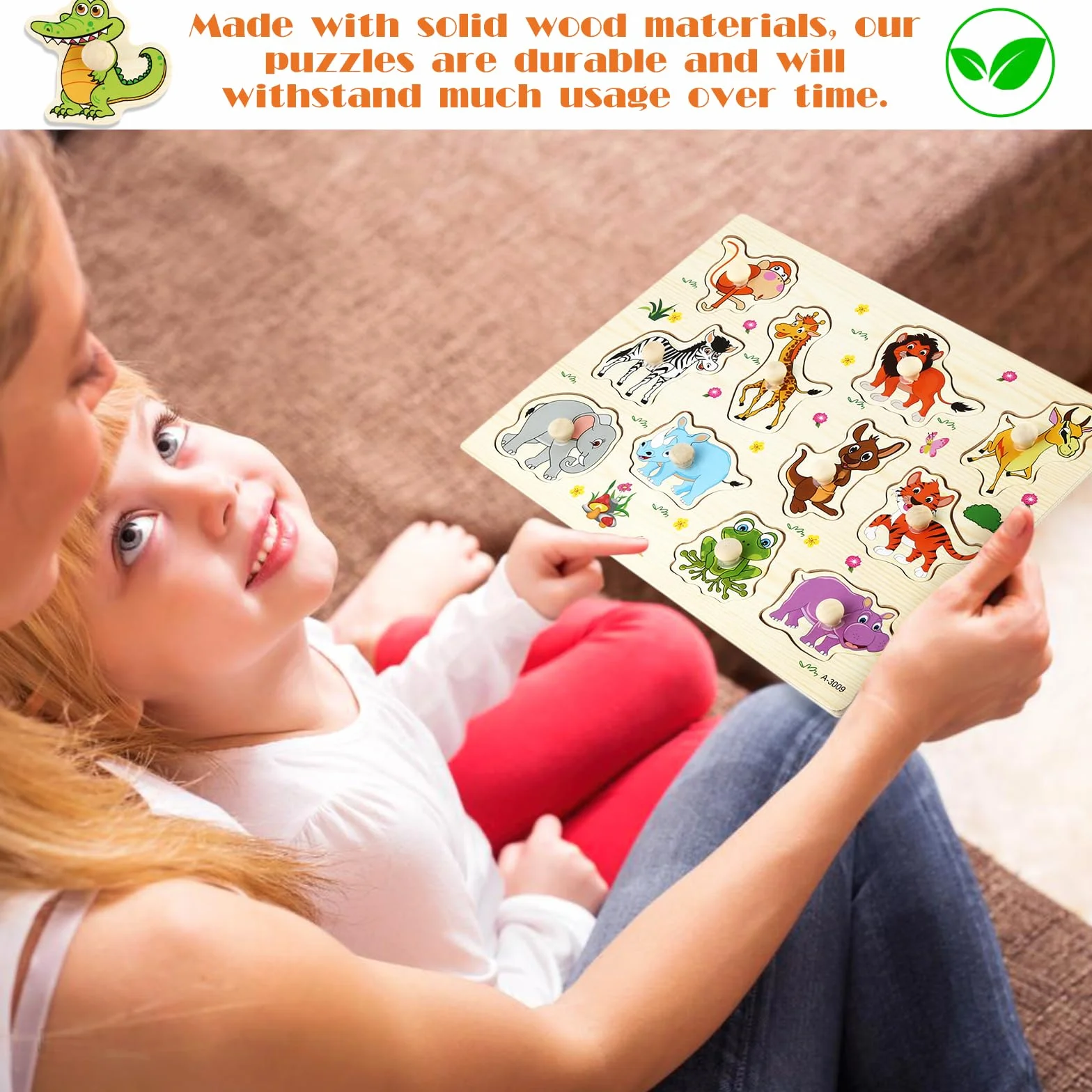 Zestaw 2 drewnianych puzzli 1 rok, drewniane puzzle wtykane od 1 roku ze zwierzętami z dżungli, zabawka z chwytaniem, idealne puzzle dla dzieci od 1 roku życia, dla chłopców i dziewczynek, prezent