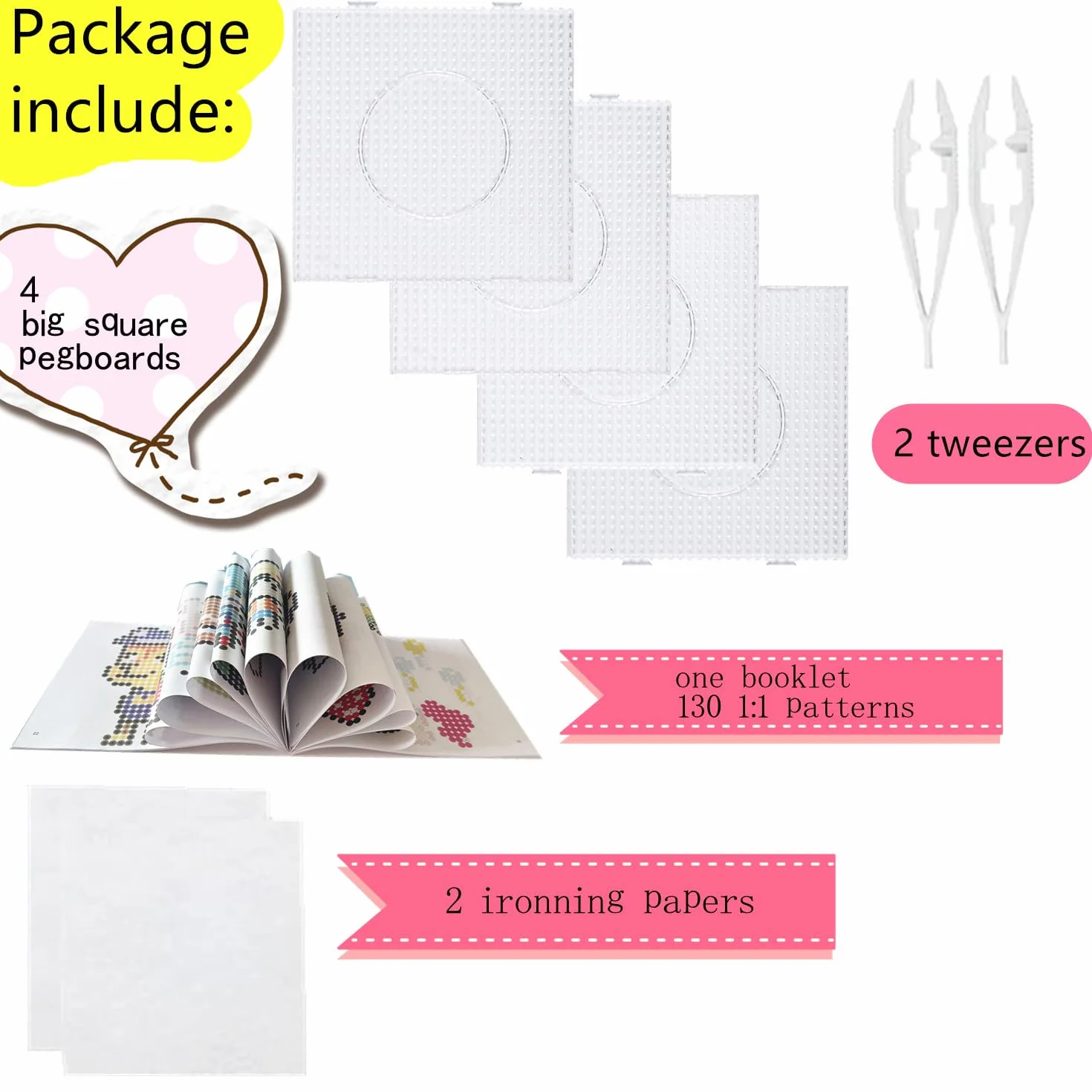 Vytung Zestaw 4 szt. koralików bezpiecznikowych 5 mm, 130 wzorów, pęseta i papier do prasowania, duże przezroczyste plastikowe tablice pegboardowe, szablon, koraliki dla dzieci, koraliki rzemieślnicze