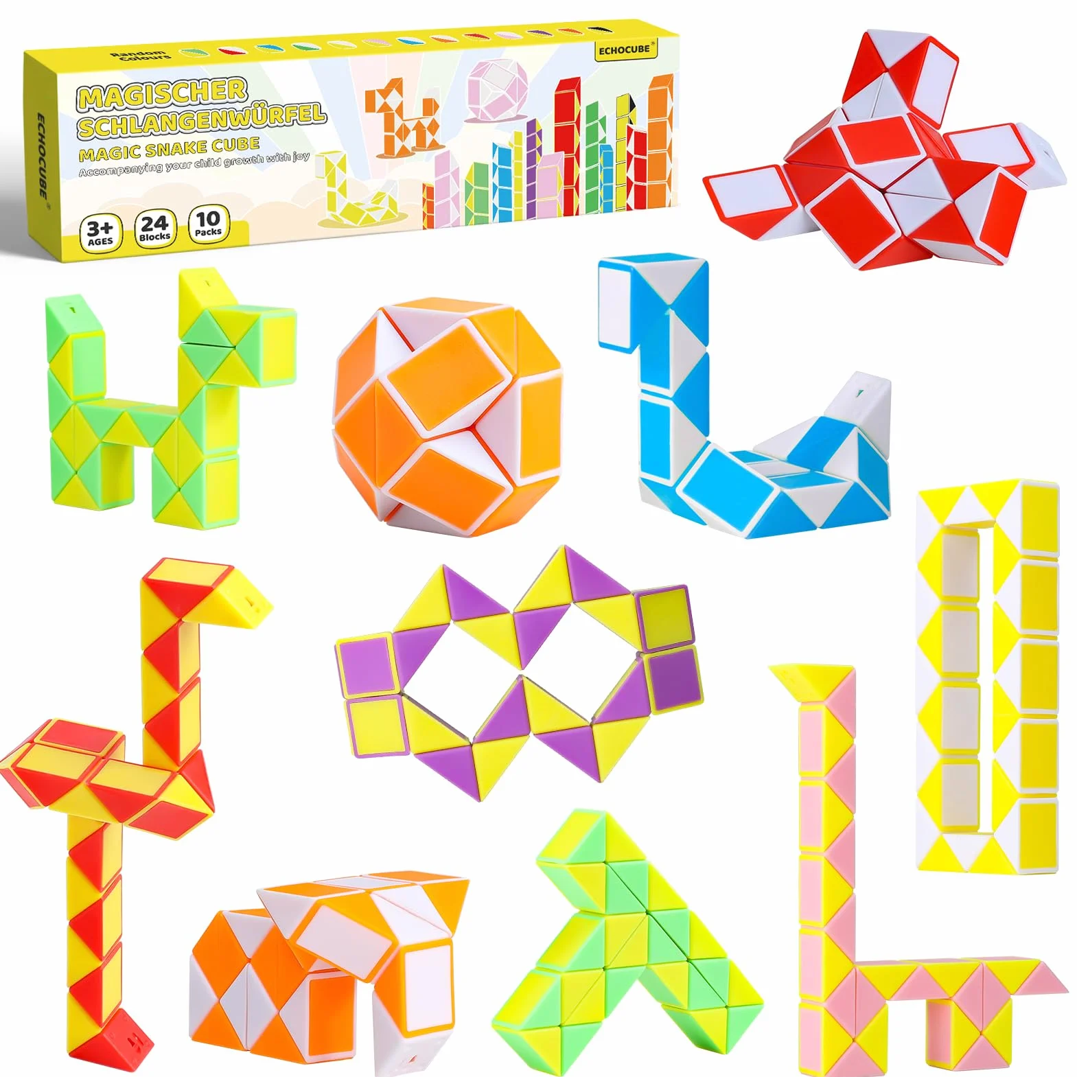 Magiczna kostka węża, zestaw 10 sztuk, 24 bloki, kostki prędkości węża, wypełniacz torebek imprezowych, zabawka do obracania puzzli, prezenty na imprezę dla dzieci (kolor losowy)