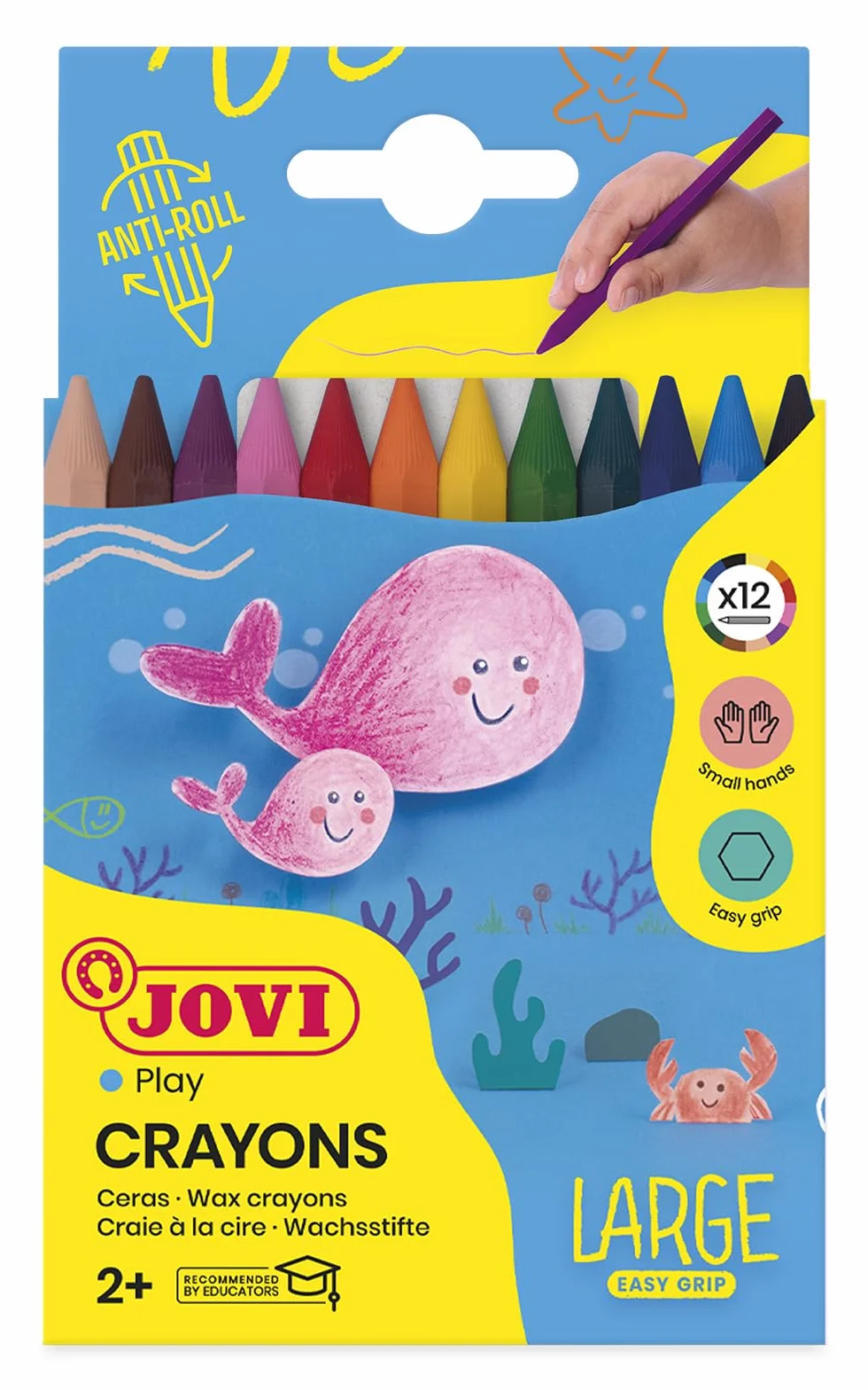 Jovi - Duże kredki Easy Grip, Pudełko na 12 sześciokątnych kredek plastikowych, Różne kolory, Wysoka wydajność, Idealne dla dzieci, Bezglutenowe (912)