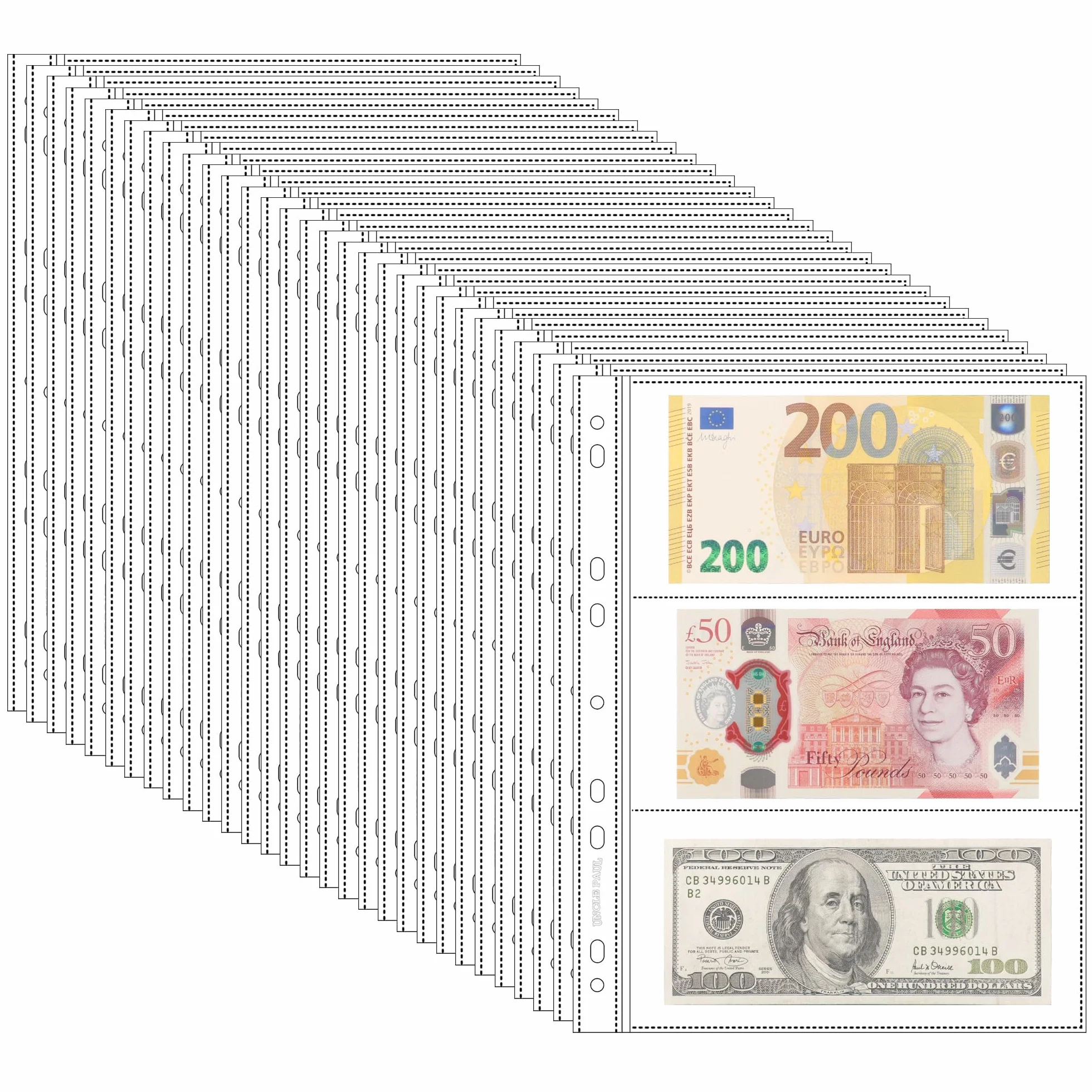 150 koszulek na strony banknotów archiwalnych – 50 arkuszy bezkwasowych etui ochronne na banknoty, znaczki pocztowe, kupony IN02050