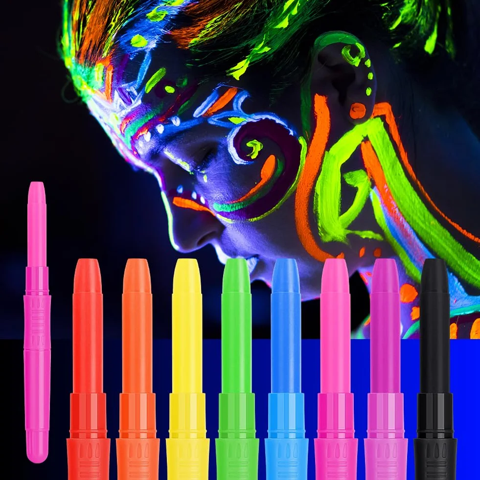 URAQT Farby do twarzy dla dziecko, 8 kolorów fluorescencyjnych UV, bezpieczna nietoksyczna farba do ciała i twarzy, brzucha ciążowego, na Halloween, święta, Cosplay