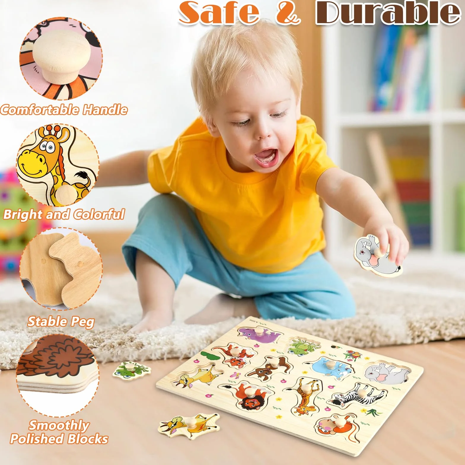 Zestaw 2 drewnianych puzzli 1 rok, drewniane puzzle wtykane od 1 roku ze zwierzętami z dżungli, zabawka z chwytaniem, idealne puzzle dla dzieci od 1 roku życia, dla chłopców i dziewczynek, prezent