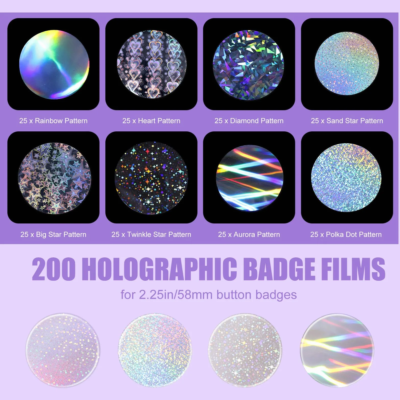 200szt 70mm Film z Odznaką, Brokat Holograficzny Folia Ochronna na Odznakę dla 58mm Maszyn do Produkcji Okrągłych Guzików Średnicy dla Miłośników Rękodzieła DIY (8 Stylów)