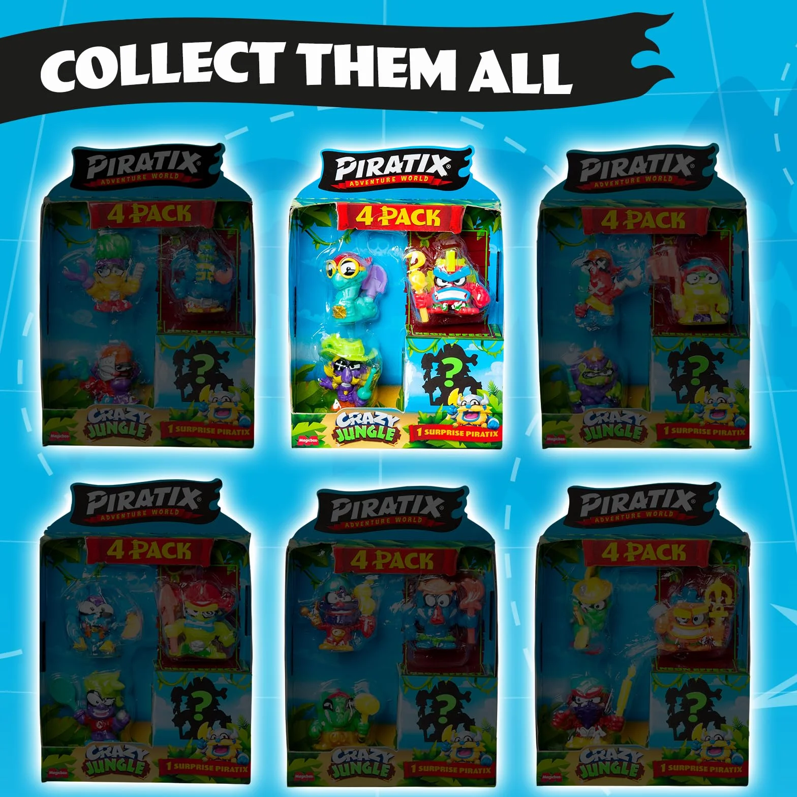 PIRATIX ADVENTURE WORLD Seria Crazy Jungle, 4 Pack – zestaw zawiera 4 figurki Piratix: 1 z efektem neonu i 1 niespodziankę oraz 4 akcesoria z efektem neonu. Zestaw 2 z 6
