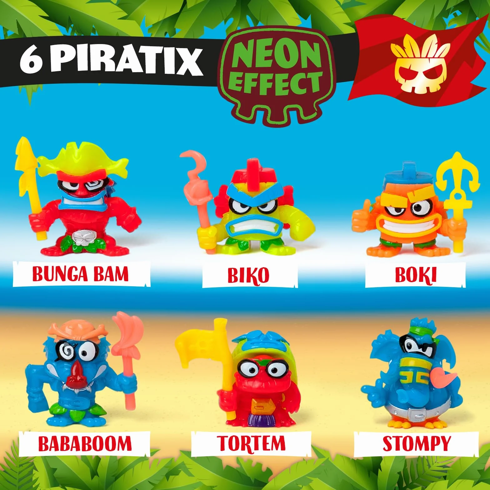 PIRATIX ADVENTURE WORLD Seria Crazy Jungle, 4 Pack – zestaw zawiera 4 figurki Piratix: 1 z efektem neonu i 1 niespodziankę oraz 4 akcesoria z efektem neonu. Zestaw 2 z 6
