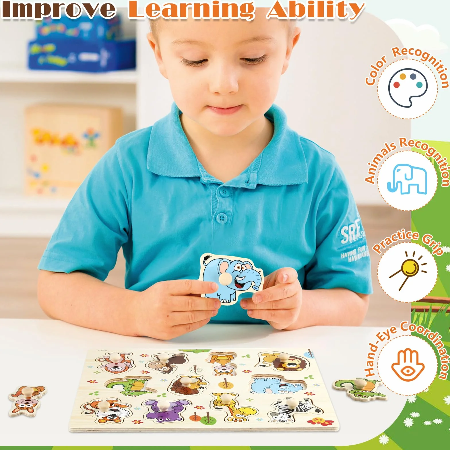 Zestaw 2 drewnianych puzzli 1 rok, drewniane puzzle wtykane od 1 roku ze zwierzętami z dżungli, zabawka z chwytaniem, idealne puzzle dla dzieci od 1 roku życia, dla chłopców i dziewczynek, prezent