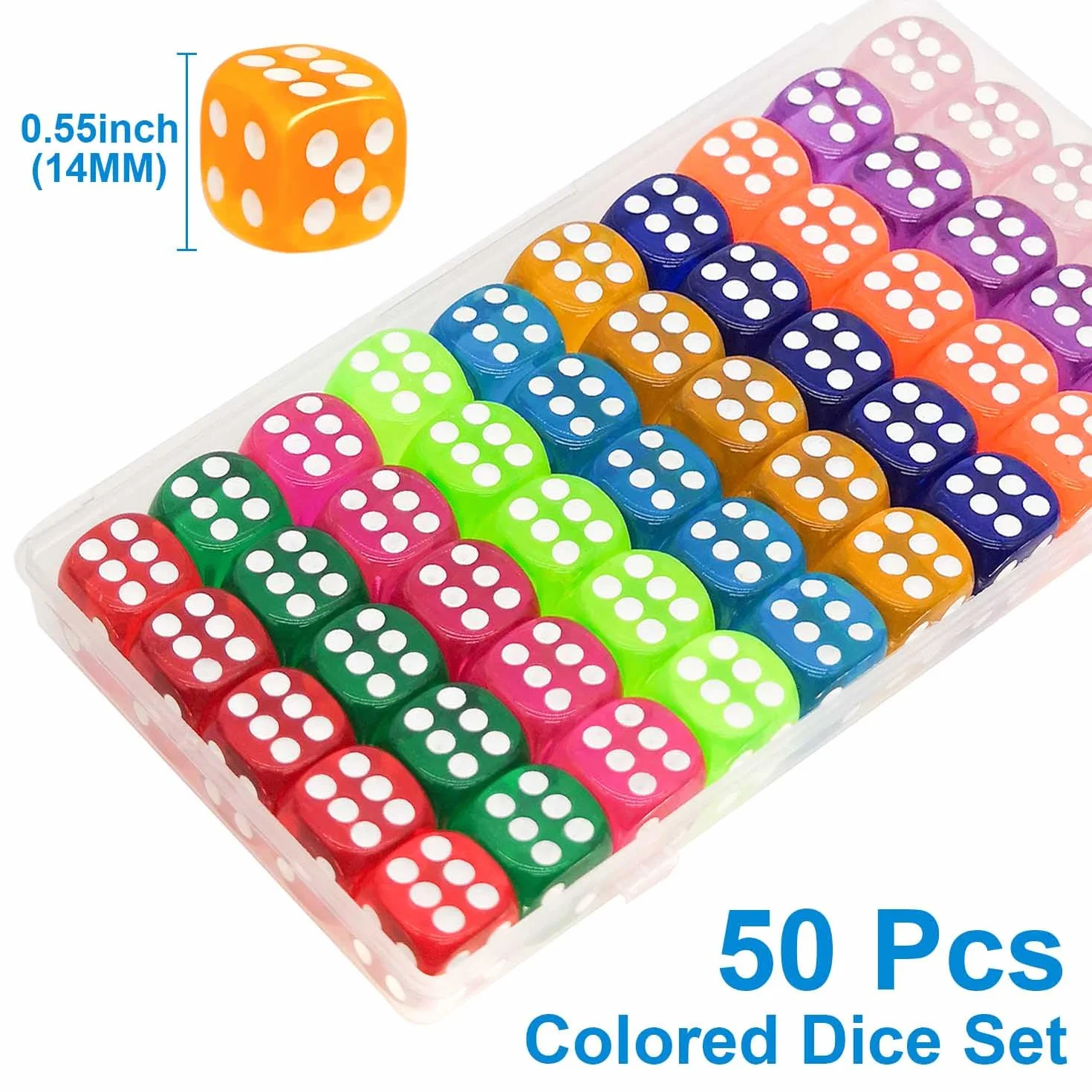 50 Sztuk Kolorowych Kości 14MM z Plastikowym Etui, Mini Standardowe Zestaw Kości D6, 10 Kolorów Przezroczystych Kości do Gry, 6-stronne Kolorowe Kości do Yahtzee, Gry