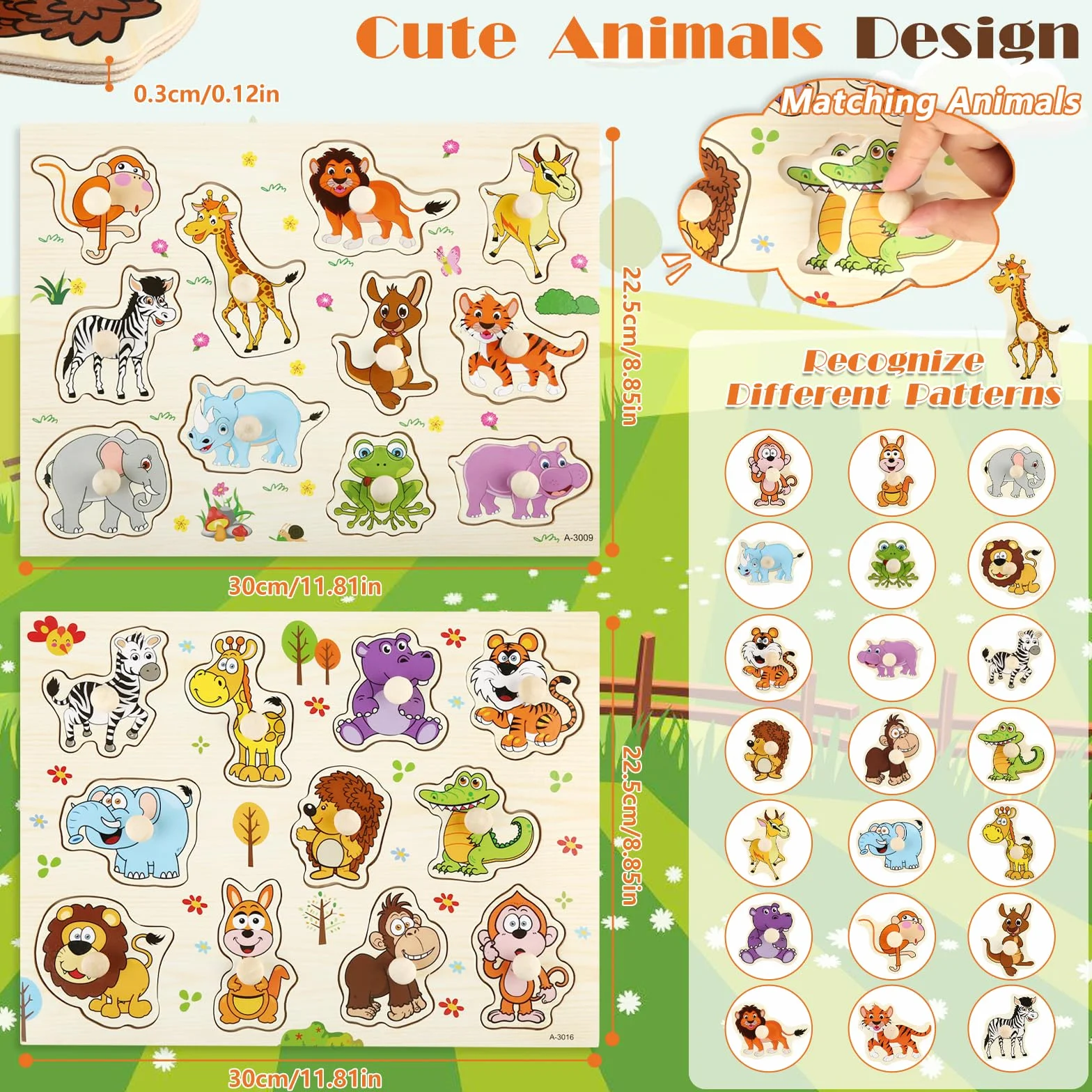 Zestaw 2 drewnianych puzzli 1 rok, drewniane puzzle wtykane od 1 roku ze zwierzętami z dżungli, zabawka z chwytaniem, idealne puzzle dla dzieci od 1 roku życia, dla chłopców i dziewczynek, prezent