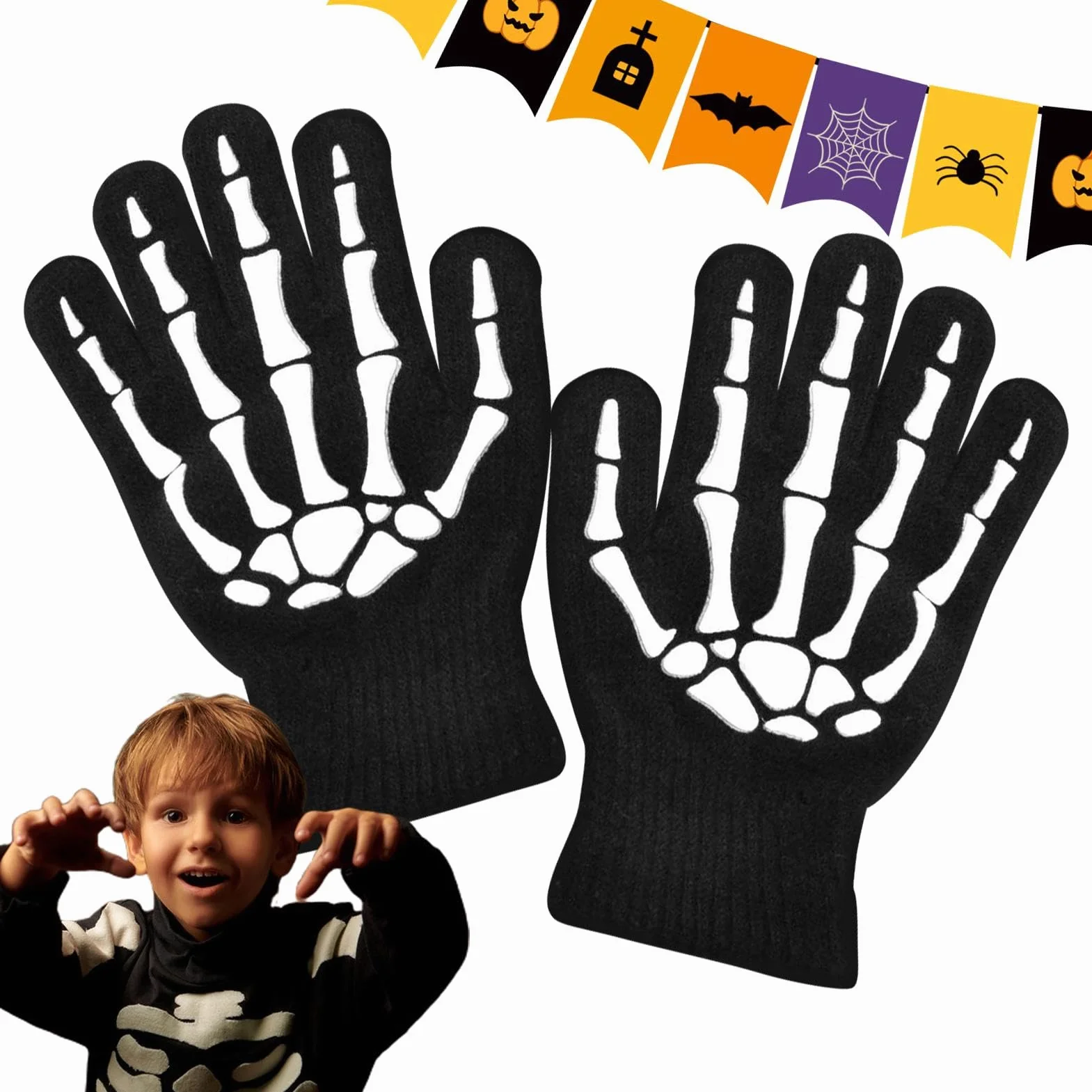 Rękawiczki z czaszką, dziecięce rękawiczki z czaszką - świecące w ciemności Halloween rękawiczki z czaszką na całe palce | Halloween ciepłe rękawiczki z czaszką do biegania, ćwiczeń, wędrówek