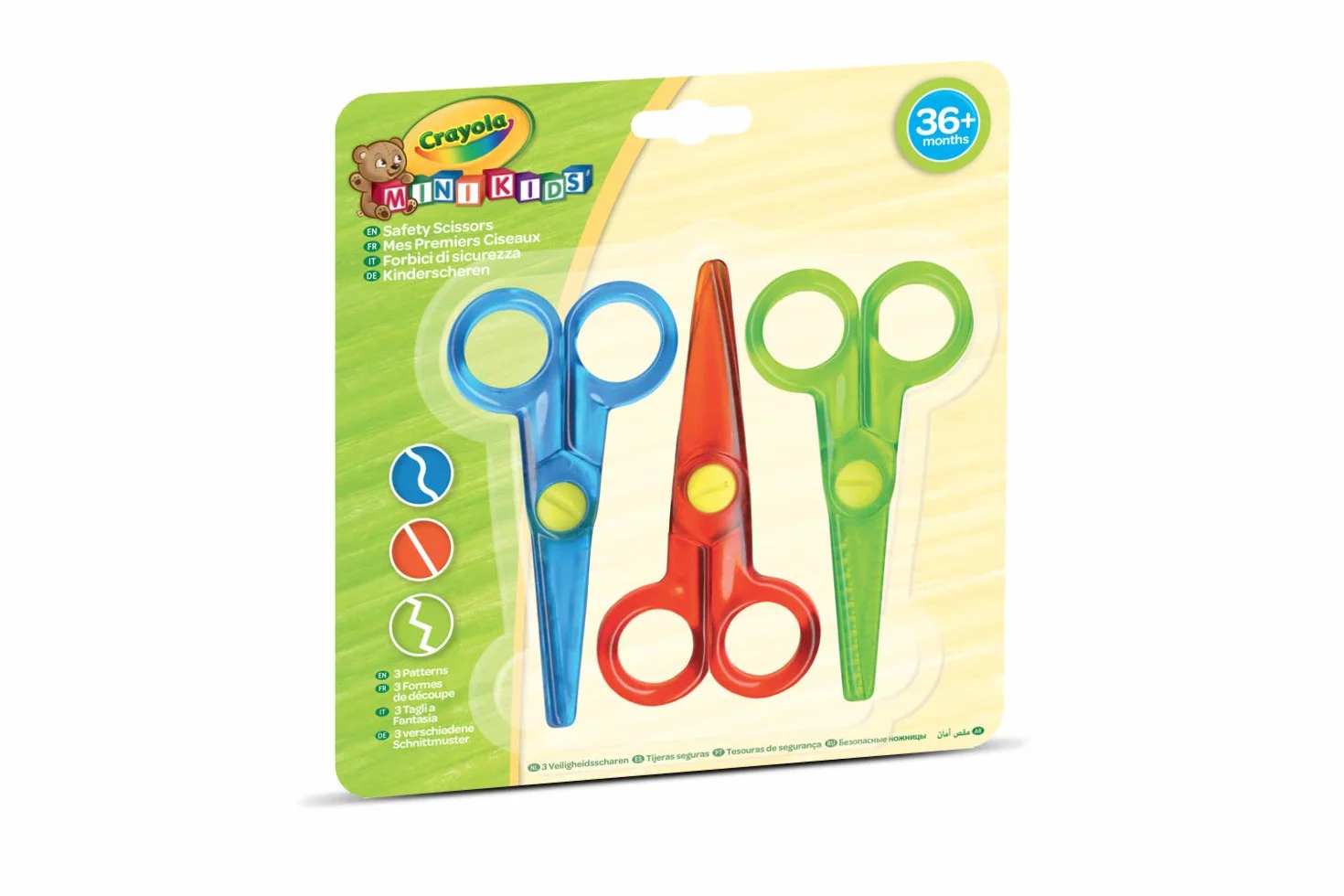 Crayola Mini Kids - 3 bezpieczne nożyczki z ostrzem z tworzywa sztucznego do nauki cięcia, zajęć w przedszkolu, od 3 lat, 81-8119