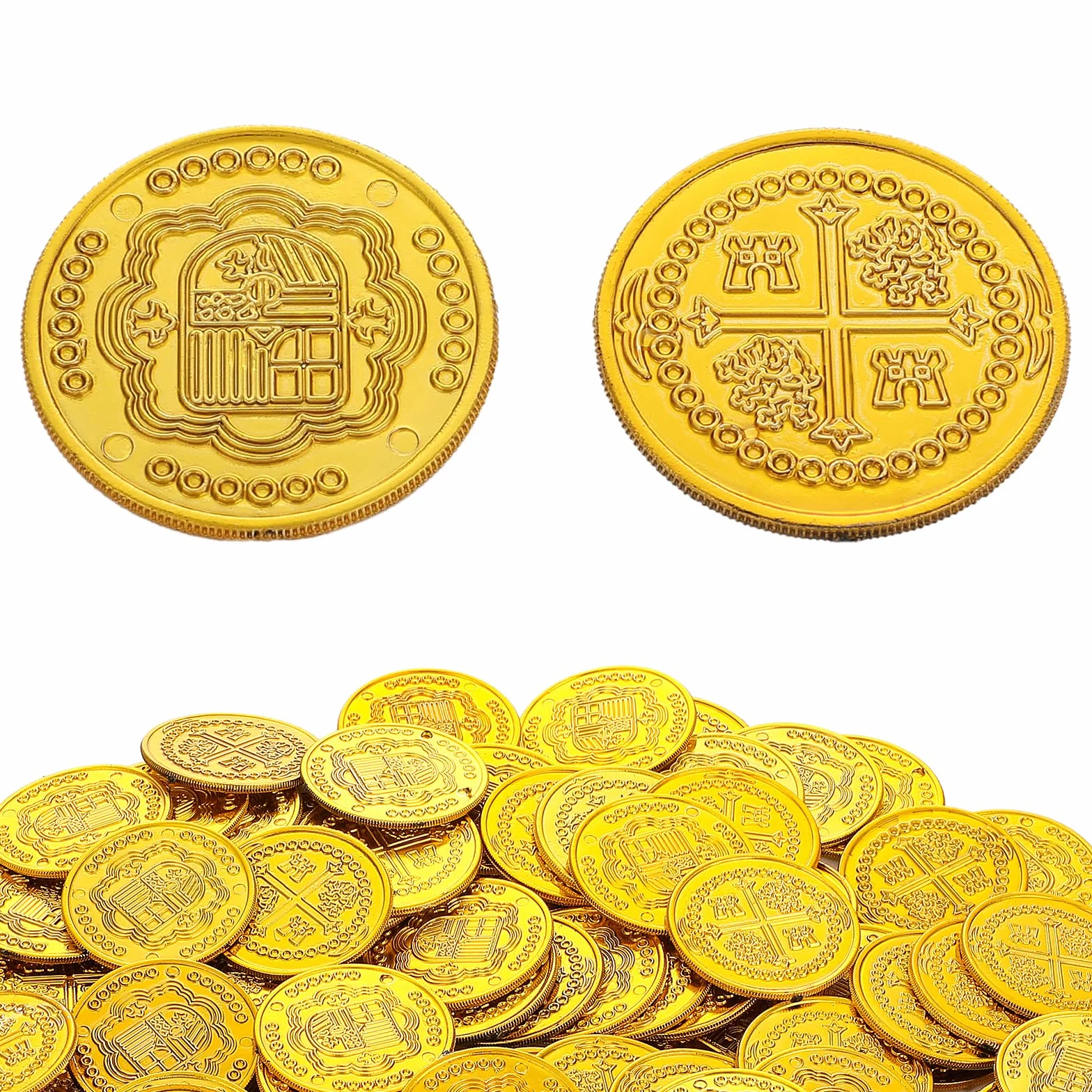 Monety piratów, 100 szt. plastikowe piraty, złote monety, zestaw monet piratów, dla dzieci, poszukiwanie skarbów, monety, zabawki, fałszywe monety dla piratów, przygoda, tematyczne wydarzenie
