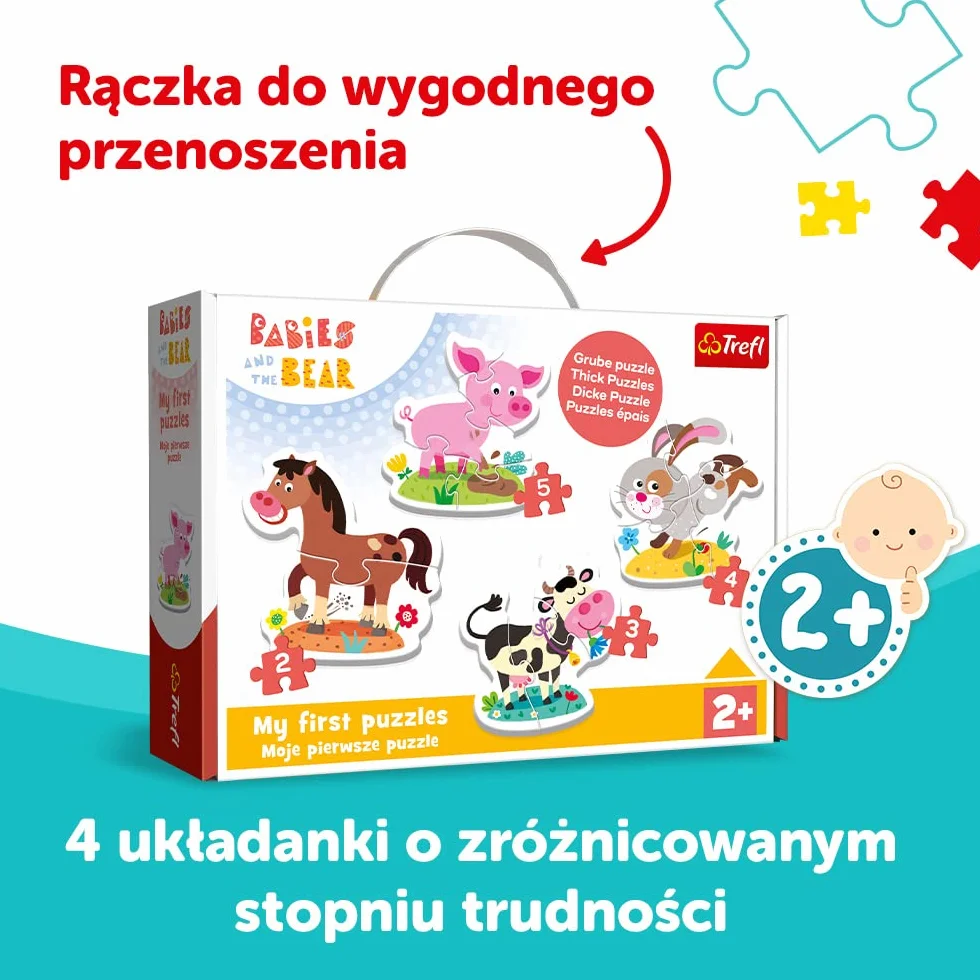 Trefl - Babies and the Bear, Na farmie - 4 Duże Układanki Kształtowe dla Najmłodszych, od 2 do 5 Elementów, Zwierzęta z Bajki Bobaski i Miś, Grube Puzzle dla Maluchów, Zabawa dla Dzieci od 2 lat