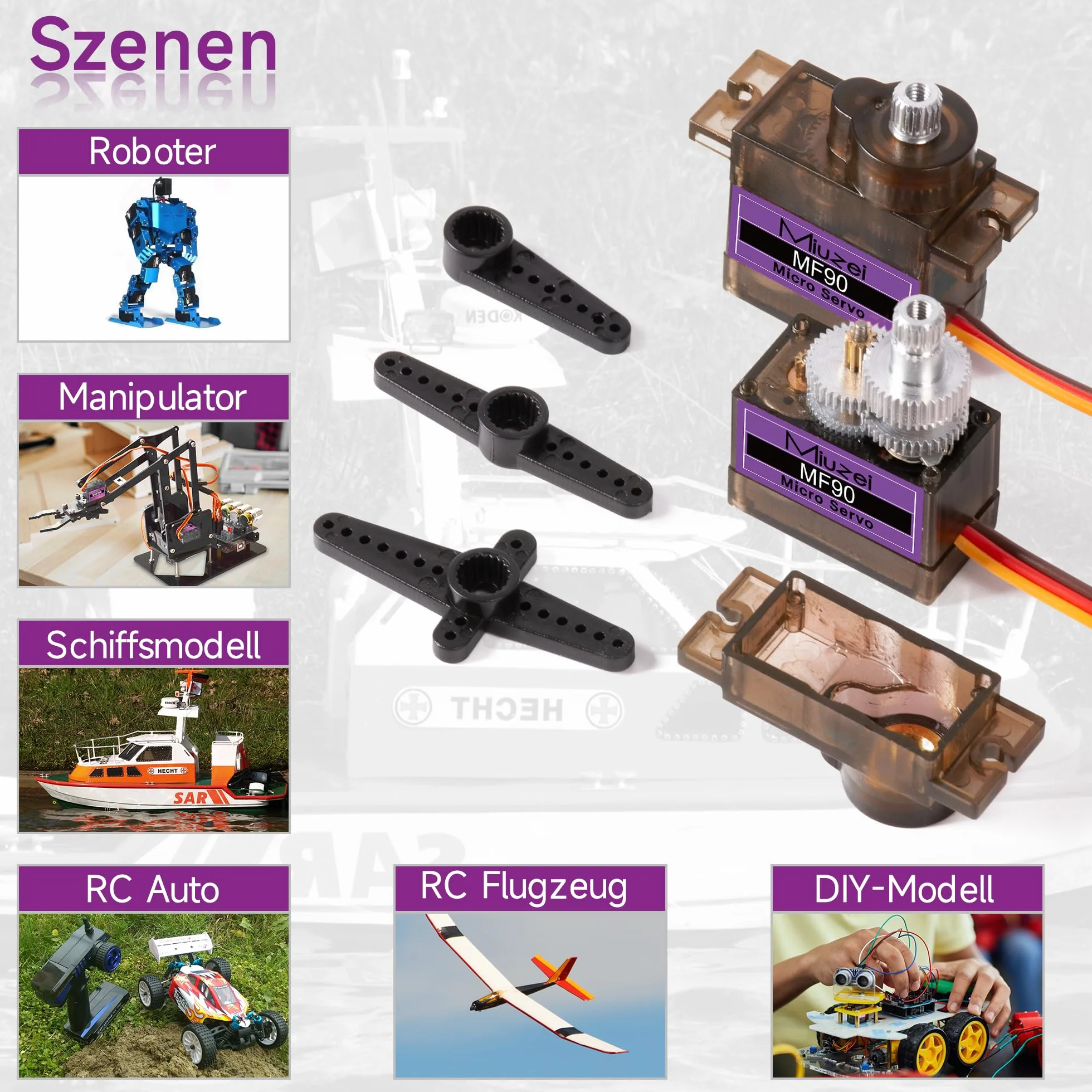 Miuzei Mini Serwo Motor Modelarski Sterownik z metalowym przekładnikiem Serwomotor do sterowania zdalnego służącego do śmigłowców, wodolotu, samochodu 1/10 1/8, robotów, samolotów o stałych skrzydłach