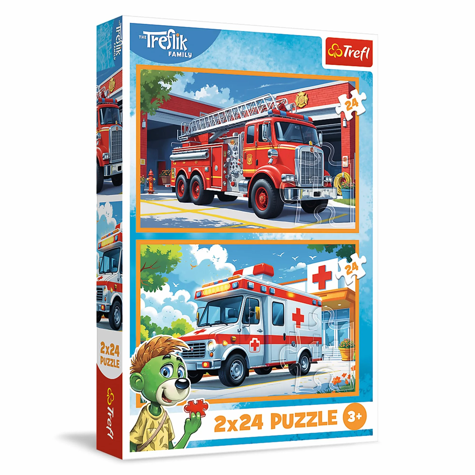 Trefl - Puzzle 2w1: The Treflik Family, Straż Pożarna i Karetka - 2 x 24 Elementy, Zestaw Dwóch Układanek dla Dzieci od 3 lat
