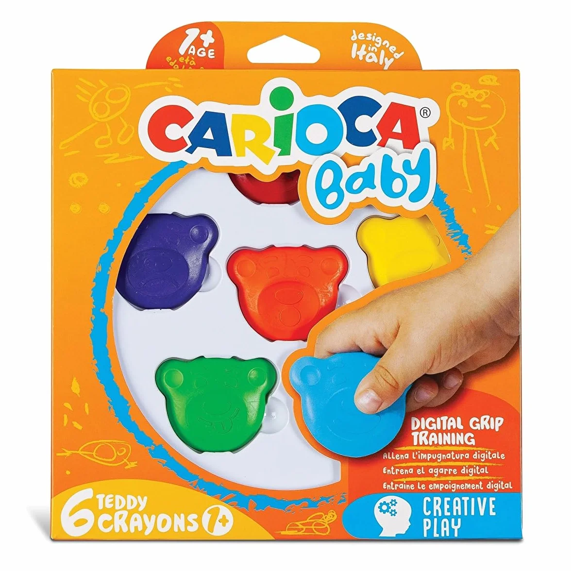 CARIOCA Kredki dla dzieci w wieku od 12 miesięcy, 6 kolorowych kredek w kształcie niedźwiedzia, kredki dla dzieci od 12 miesięcy, 6 sztuk
