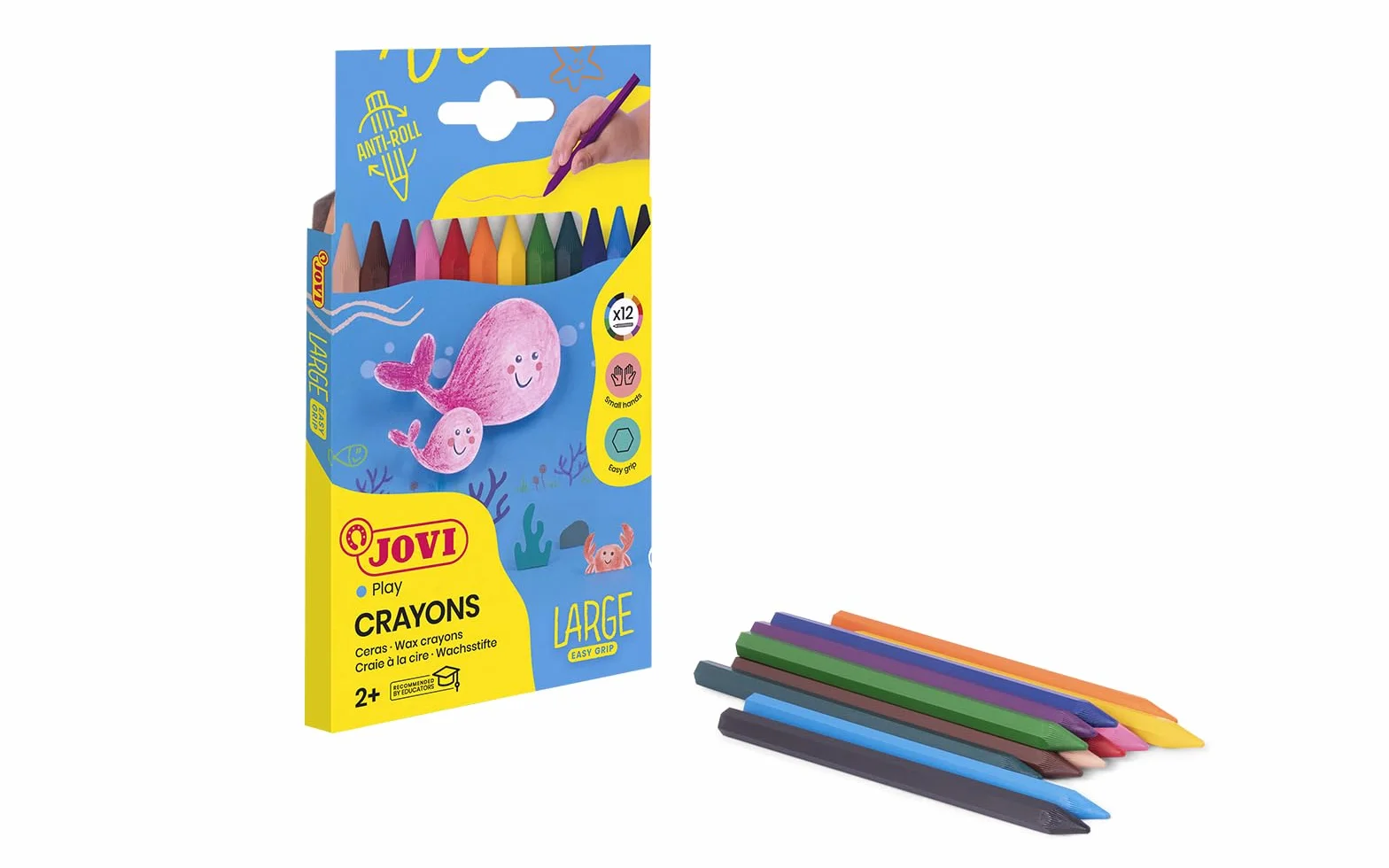 Jovi - Duże kredki Easy Grip, Pudełko na 12 sześciokątnych kredek plastikowych, Różne kolory, Wysoka wydajność, Idealne dla dzieci, Bezglutenowe (912)