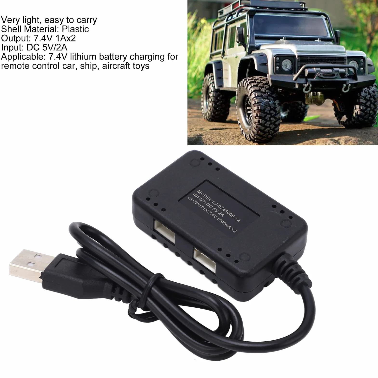 2 w 1 7,4 V ładowarka do Akumulatora LIPO z ochroną Przeciążenia, ładowarka USB do Samochodów i łodzi RC, Stabilna Plastikowa Pokrywa, Kompaktowa i łatwa do Zużycia