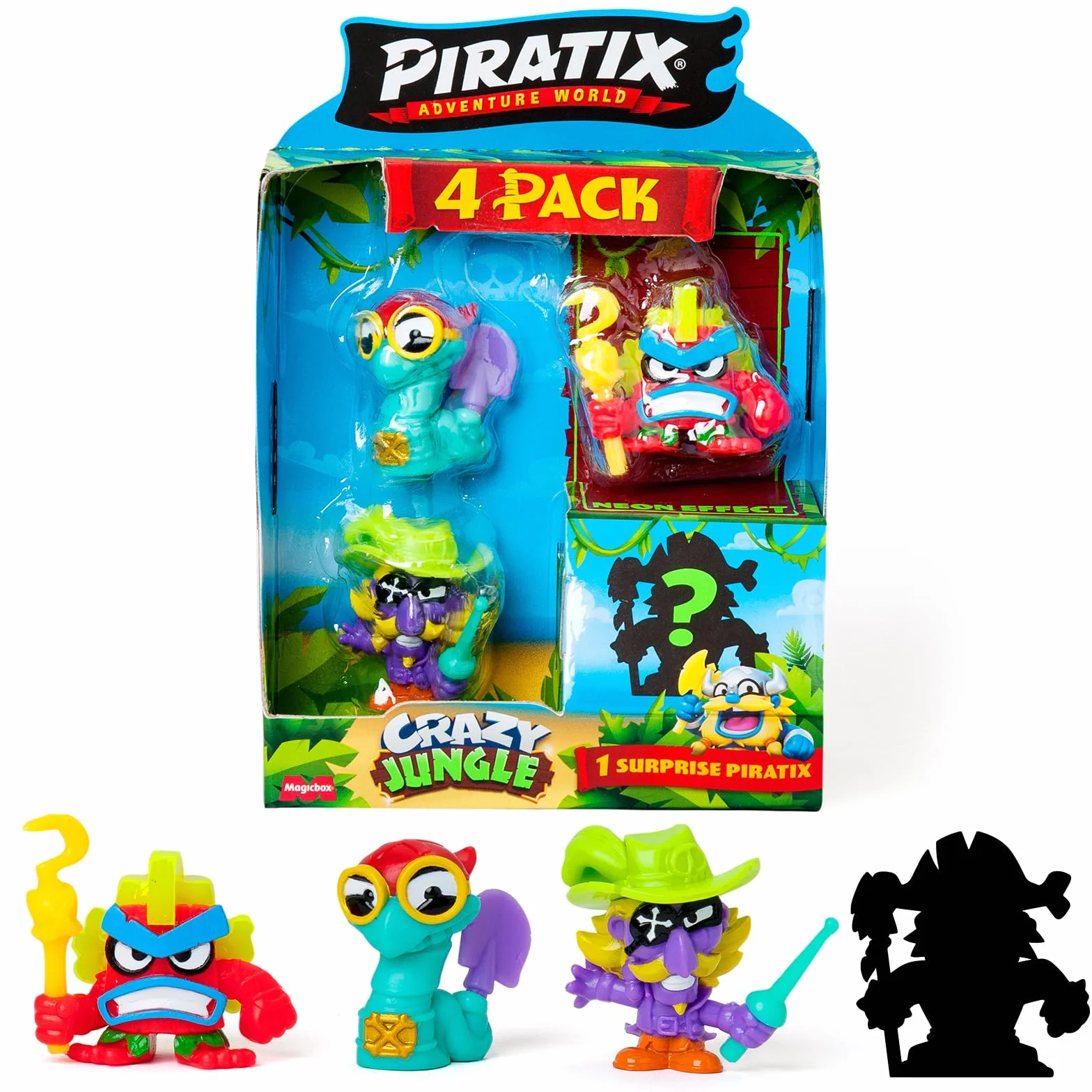 PIRATIX ADVENTURE WORLD Seria Crazy Jungle, 4 Pack – zestaw zawiera 4 figurki Piratix: 1 z efektem neonu i 1 niespodziankę oraz 4 akcesoria z efektem neonu. Zestaw 2 z 6