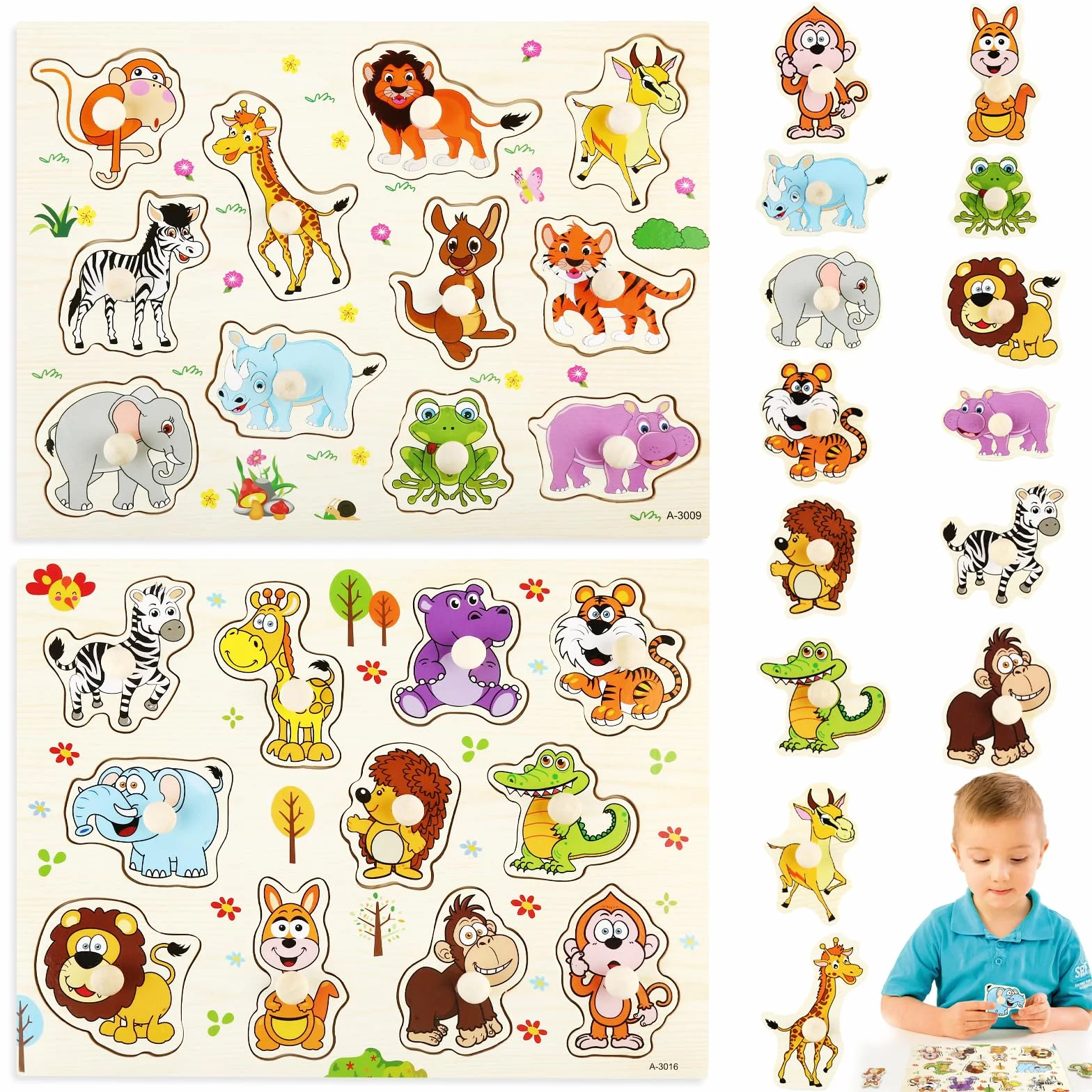 Zestaw 2 drewnianych puzzli 1 rok, drewniane puzzle wtykane od 1 roku ze zwierzętami z dżungli, zabawka z chwytaniem, idealne puzzle dla dzieci od 1 roku życia, dla chłopców i dziewczynek, prezent