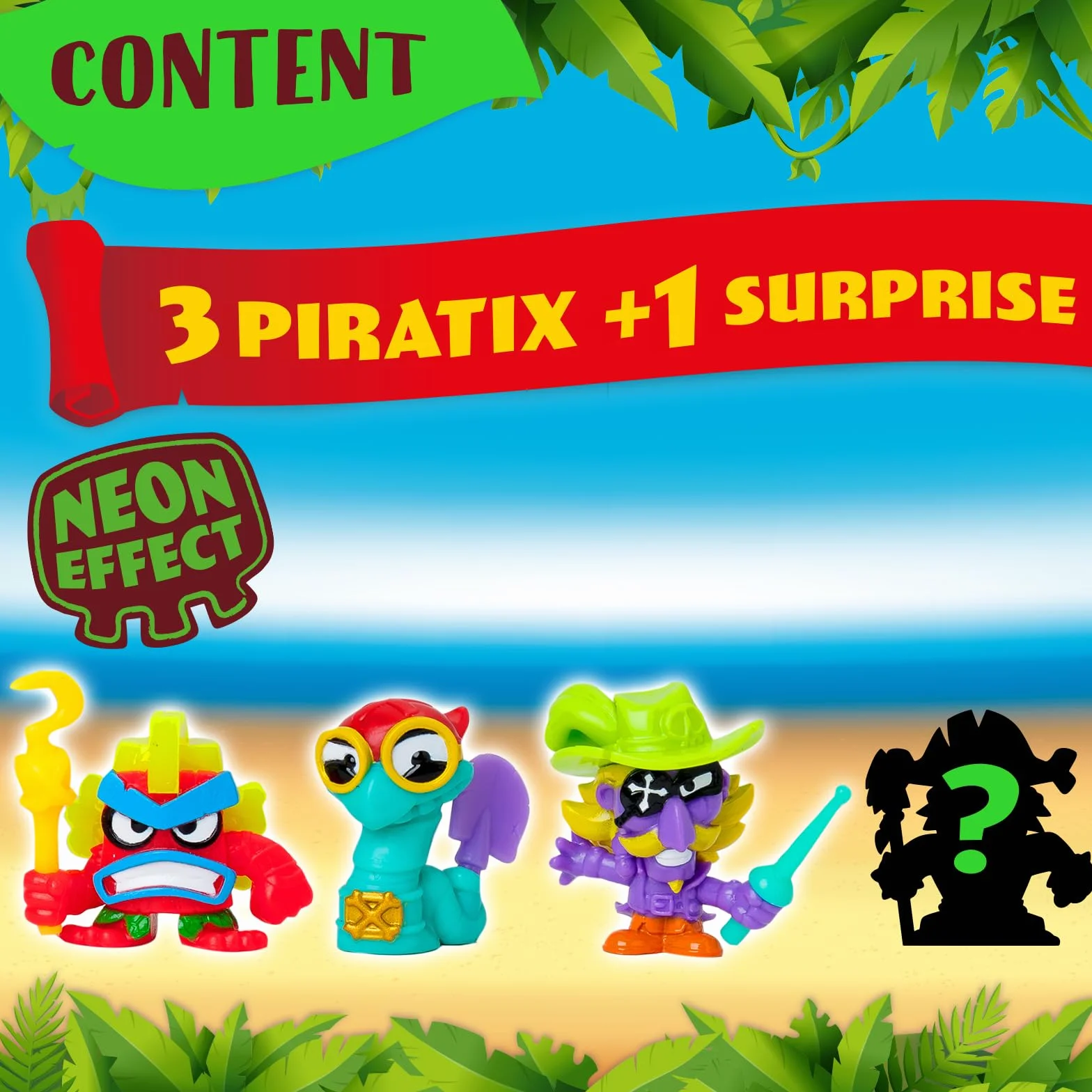 PIRATIX ADVENTURE WORLD Seria Crazy Jungle, 4 Pack – zestaw zawiera 4 figurki Piratix: 1 z efektem neonu i 1 niespodziankę oraz 4 akcesoria z efektem neonu. Zestaw 2 z 6
