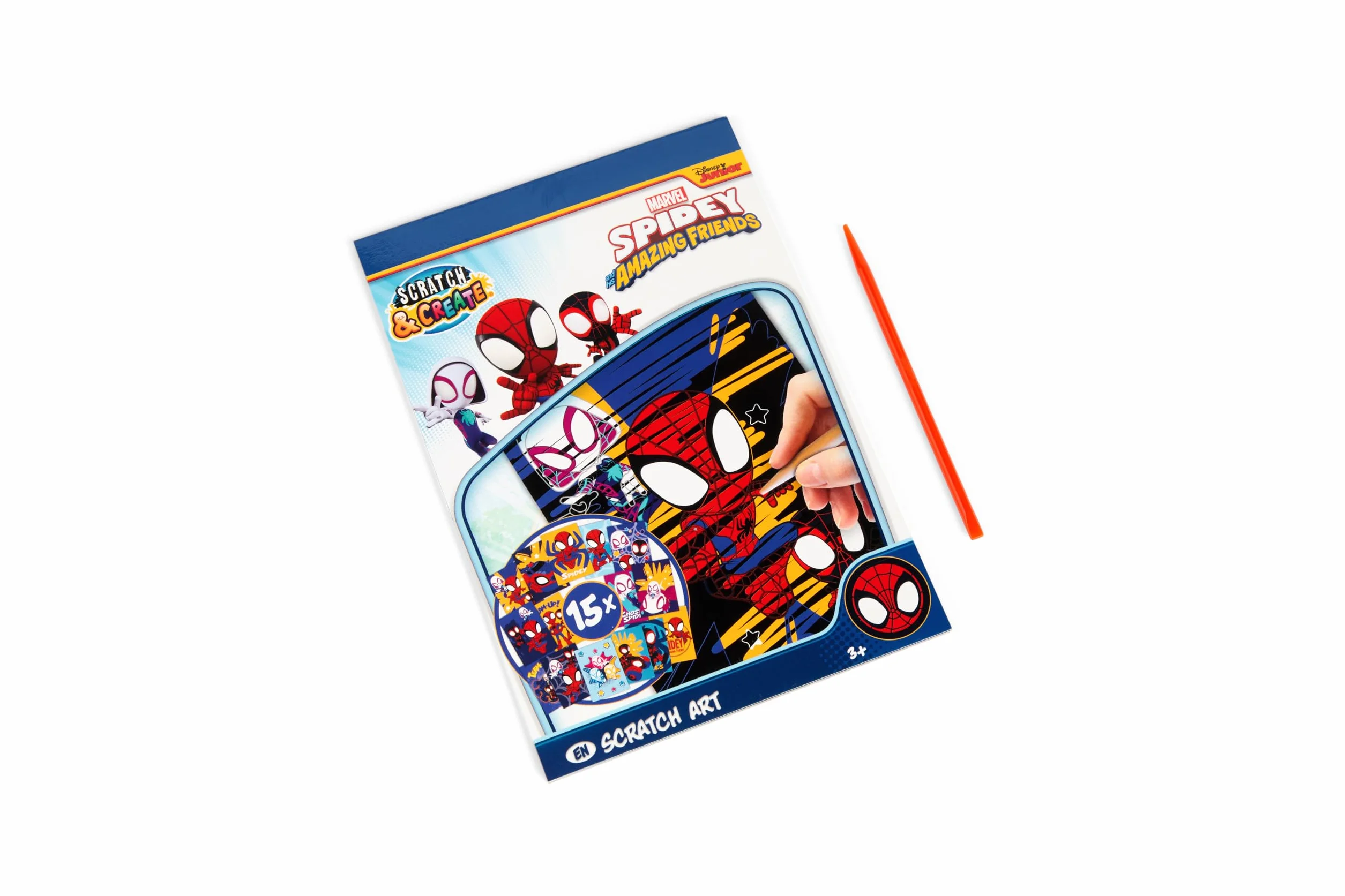 Disney Store Marvel Spidey książka do zdrapywania książka A5 dla dzieci | Scratch Art książka do majsterkowania z 15 motywami w formacie A5 | w zestawie drewniany pisak do zdrapywania | efekt tęczy |