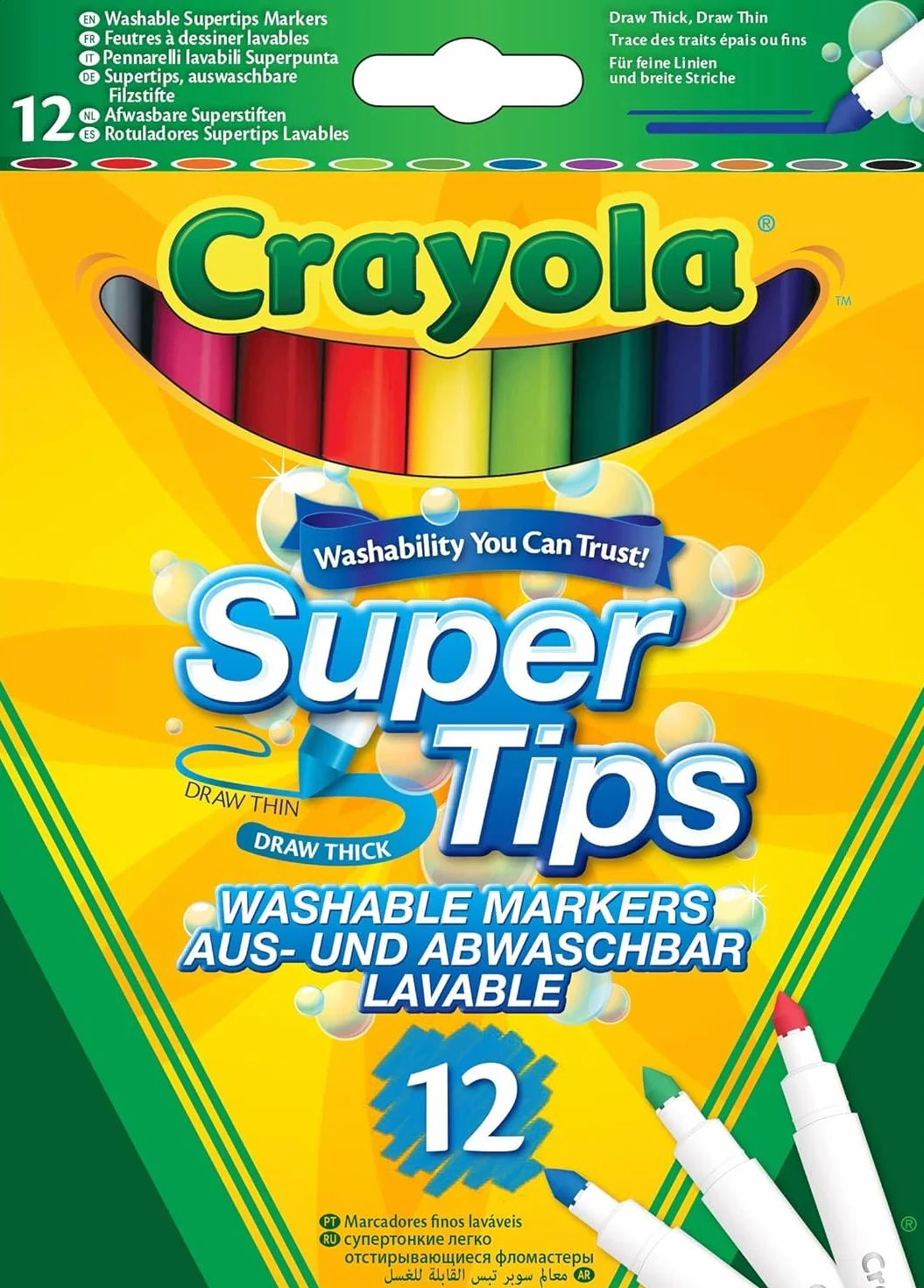 Crayola - Super Tips, Zmywalne Pisaki ze Średnią Końcówką, Zestaw 12 Kolorów, Do Szkoły i Zabawy, Dla Dzieci od 3 Lat, 7509