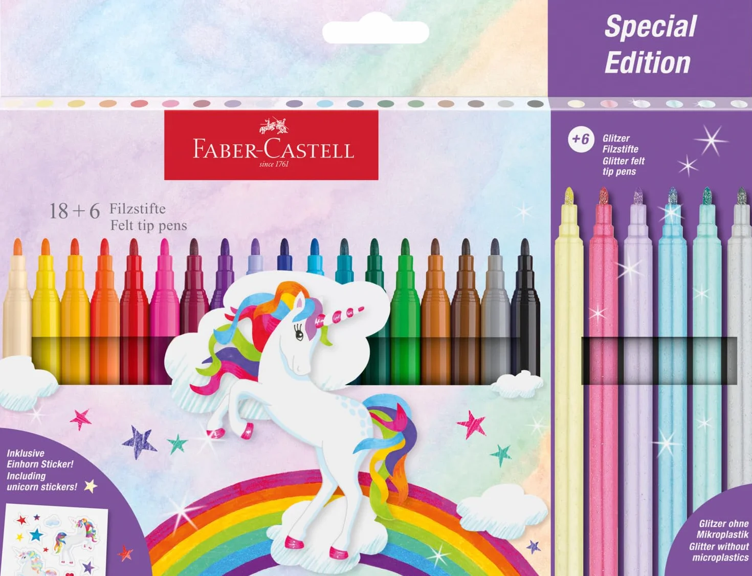 FABER-CASTELL 554221 - Zestaw flamastrów Jednorożec, 13 flamastrów w standardowych i pastelowych kolorach