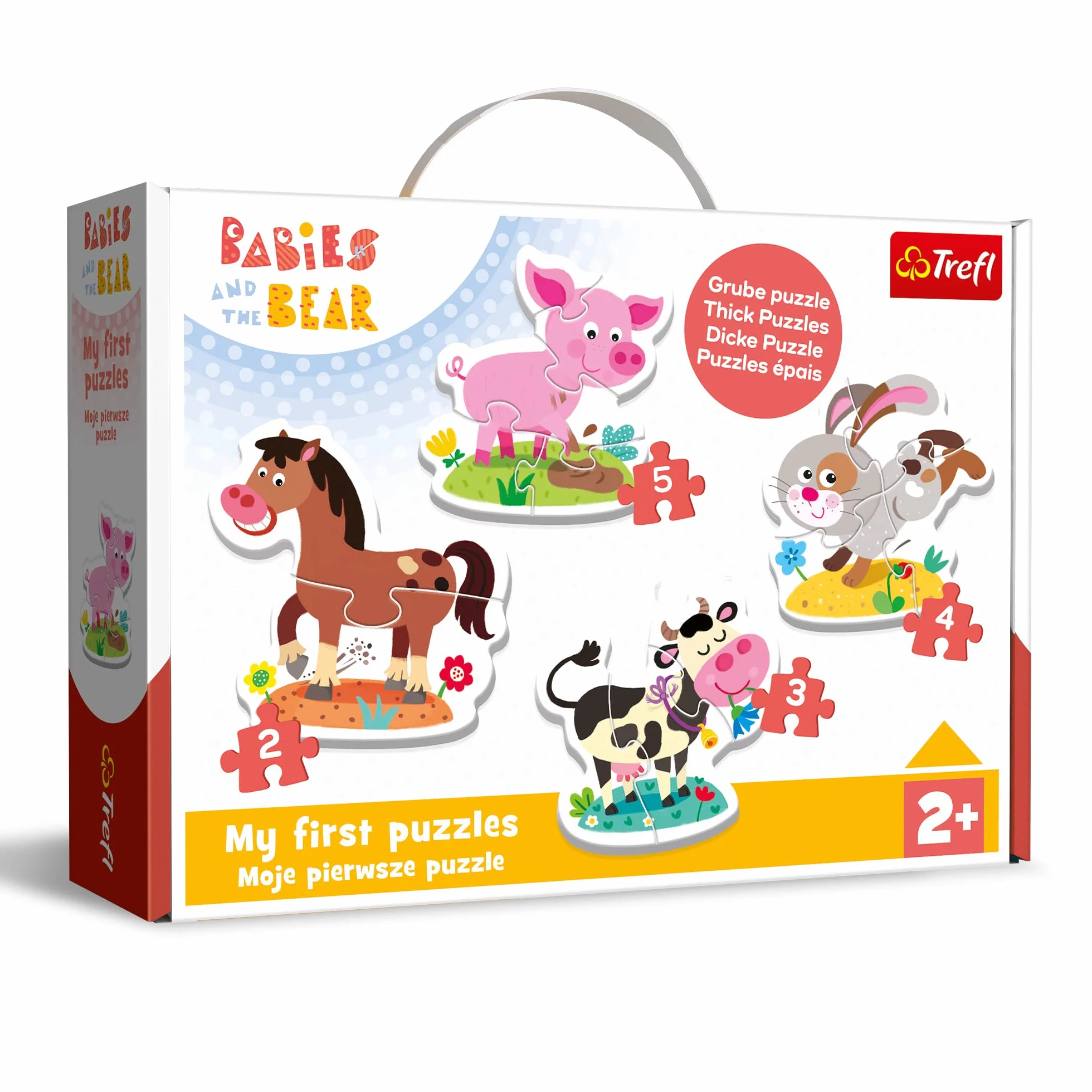 Trefl - Babies and the Bear, Na farmie - 4 Duże Układanki Kształtowe dla Najmłodszych, od 2 do 5 Elementów, Zwierzęta z Bajki Bobaski i Miś, Grube Puzzle dla Maluchów, Zabawa dla Dzieci od 2 lat