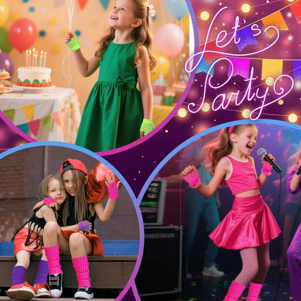 Neonowe rękawiczki dla dzieci, neonowa getry dziecięce z gorącymi neonowymi rękawiczkami z siatki rybnej neonowe spodnie dziewczęce zestaw akcesoriów kostiumowych dla dziewczynek fantazyjna sukienka