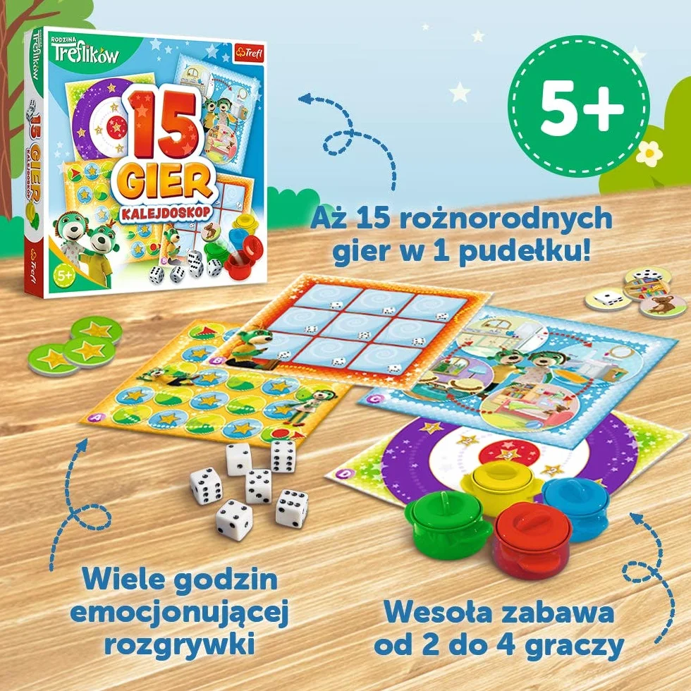 Trefl Kalejdoskop 15 Gier Zestaw Rodzinnych Gier z Bohaterami Bajki Rodzina Treflików dla Dzieci Powyżej 5 Lat